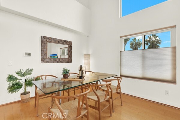 dining room featuring a high ceiling, wood finished floors, a wealth of natural light, and baseboards