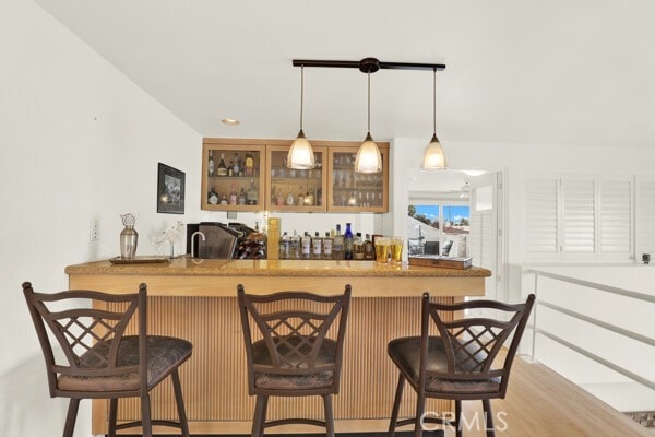 bar featuring pendant lighting and light wood-type flooring