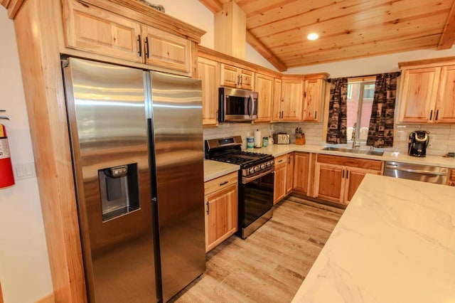 kitchen featuring sink, wood ceiling, appliances with stainless steel finishes, tasteful backsplash, and vaulted ceiling