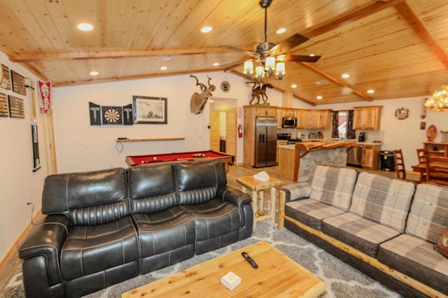 living room with lofted ceiling with beams, ceiling fan, pool table, and wood ceiling