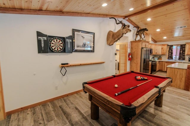 playroom with vaulted ceiling, wood-type flooring, pool table, and wooden ceiling