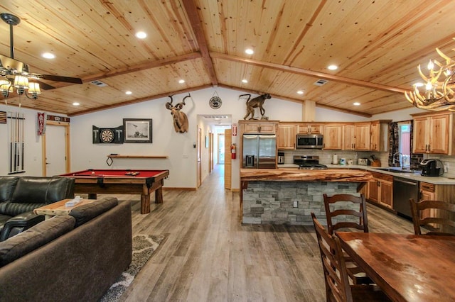 game room featuring sink, vaulted ceiling with beams, wooden ceiling, ceiling fan, and hardwood / wood-style floors