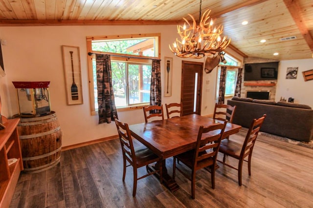 dining area featuring hardwood / wood-style flooring and wood ceiling