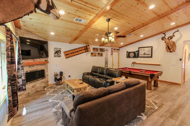 playroom featuring lofted ceiling with beams, wooden ceiling, and light hardwood / wood-style floors