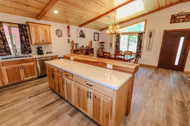 kitchen with sink, stainless steel dishwasher, wooden ceiling, and a kitchen island