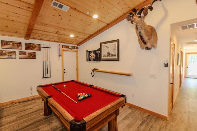 recreation room with wood ceiling, wood-type flooring, and lofted ceiling with beams