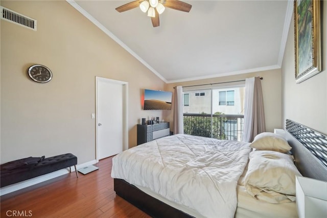 bedroom with ornamental molding, dark hardwood / wood-style floors, access to outside, and ceiling fan