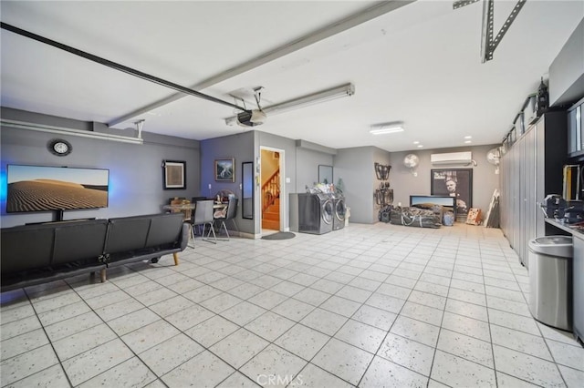 interior space with light tile patterned floors and a wall unit AC