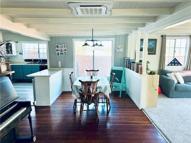 dining room featuring a healthy amount of sunlight, dark hardwood / wood-style flooring, and sink