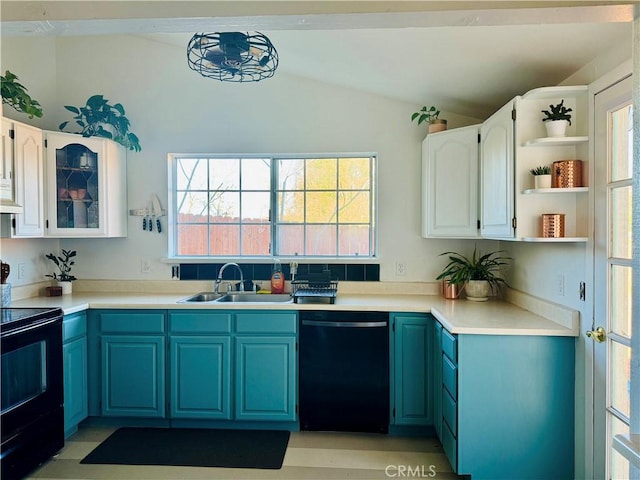 kitchen with white cabinetry, sink, black appliances, and blue cabinets