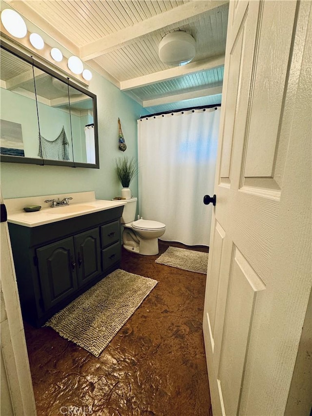 bathroom featuring toilet, wood ceiling, vanity, and beam ceiling