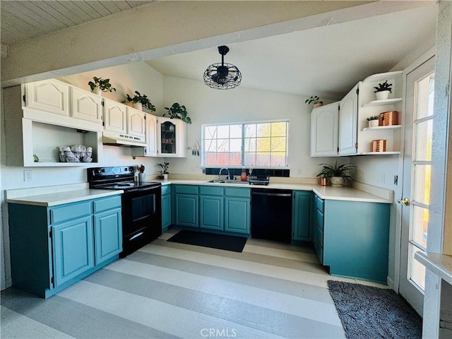 kitchen with white cabinetry, hanging light fixtures, black appliances, and blue cabinets