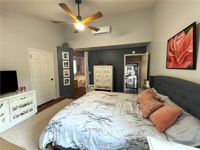 bedroom with high vaulted ceiling, an AC wall unit, and ceiling fan