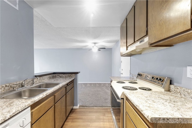 kitchen with sink, white appliances, a textured ceiling, ceiling fan, and light hardwood / wood-style floors