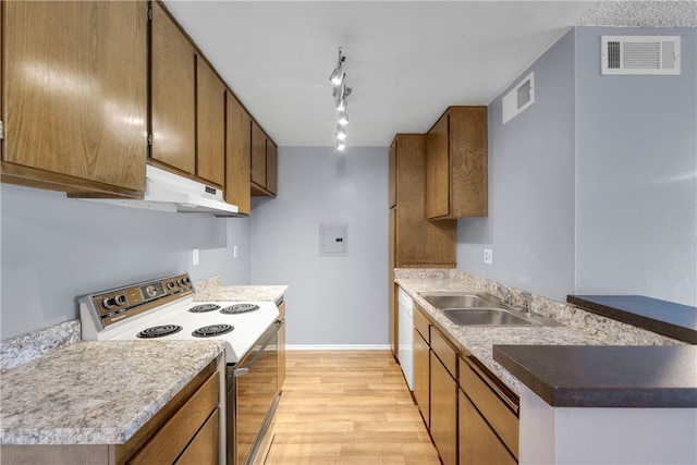 kitchen featuring sink, white dishwasher, range with electric stovetop, track lighting, and light hardwood / wood-style floors