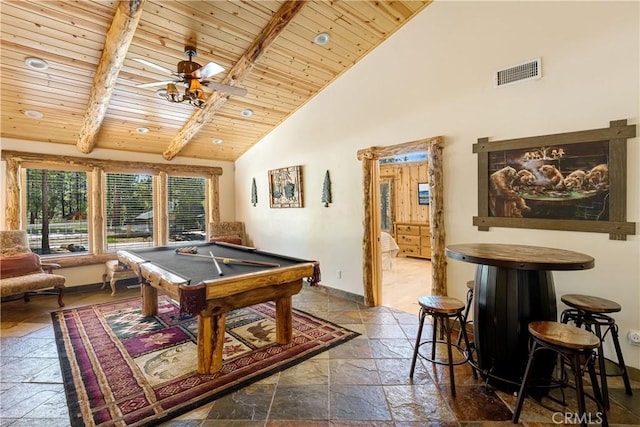 recreation room with high vaulted ceiling, pool table, ceiling fan, wood ceiling, and beam ceiling