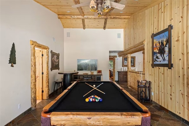 rec room featuring ceiling fan, high vaulted ceiling, wood ceiling, and billiards