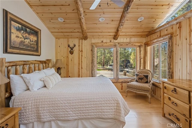 bedroom with wood ceiling, ceiling fan, vaulted ceiling with beams, wooden walls, and light hardwood / wood-style floors