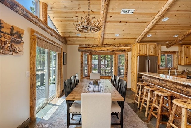 dining room featuring wood ceiling, sink, lofted ceiling with beams, and a notable chandelier