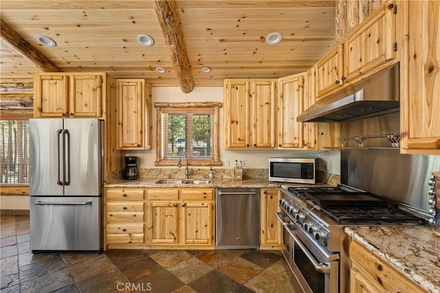 kitchen with sink, stainless steel appliances, light stone countertops, light brown cabinetry, and wooden ceiling