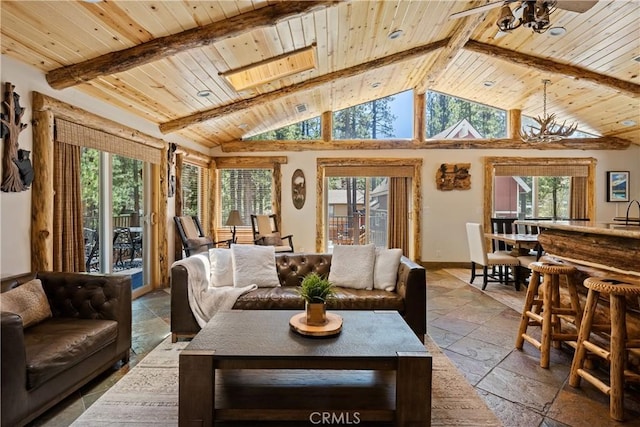 living room with beam ceiling, plenty of natural light, and wooden ceiling