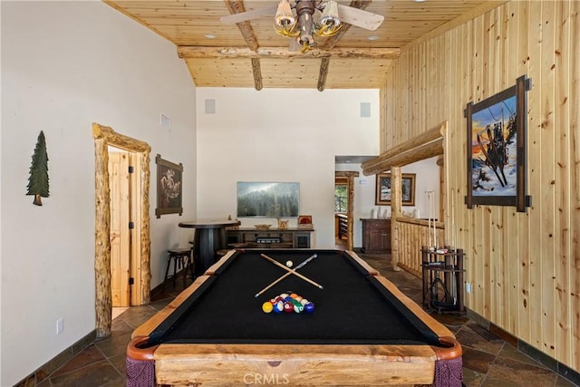 playroom featuring a high ceiling, ceiling fan, wood ceiling, and billiards