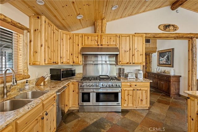 kitchen with vaulted ceiling, appliances with stainless steel finishes, sink, light stone counters, and light brown cabinets