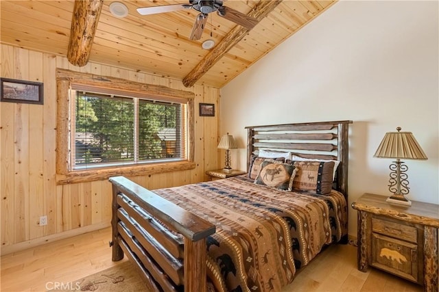 bedroom featuring vaulted ceiling with beams, wooden walls, and light wood-type flooring