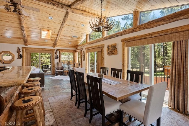 dining area with beam ceiling, high vaulted ceiling, and wood ceiling