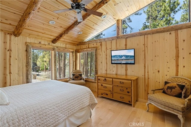 bedroom featuring wood ceiling, lofted ceiling with beams, light wood-type flooring, wooden walls, and ceiling fan