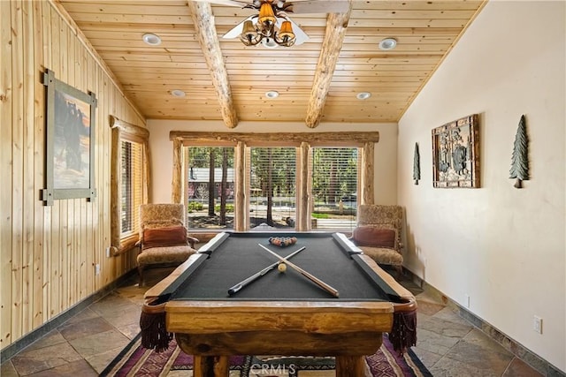 playroom with vaulted ceiling with beams, pool table, wooden ceiling, and ceiling fan