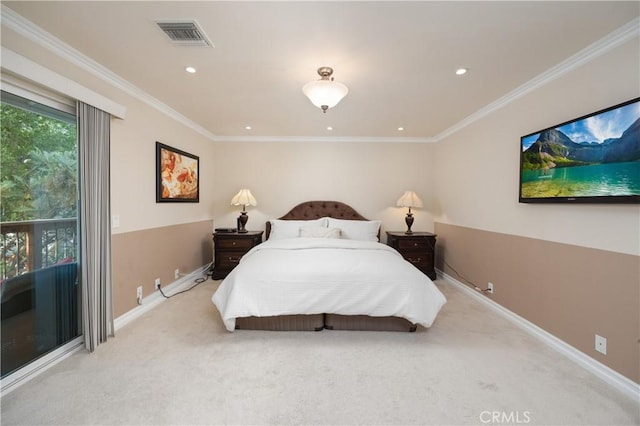 bedroom with crown molding and light carpet