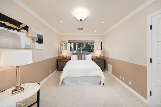 carpeted bedroom featuring crown molding