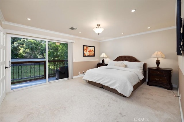 bedroom with ornamental molding, light carpet, and access to exterior