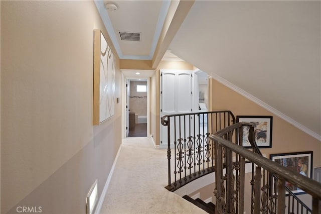 corridor with ornamental molding and light carpet