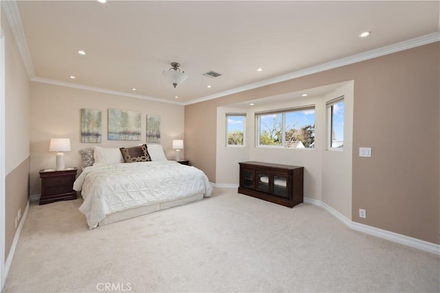 carpeted bedroom featuring ornamental molding