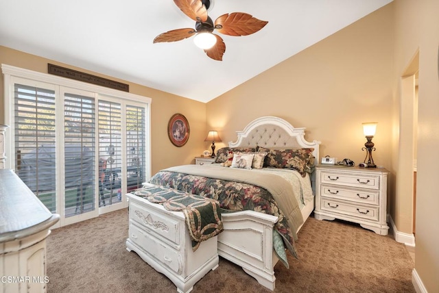 bedroom featuring lofted ceiling, access to exterior, ceiling fan, and carpet