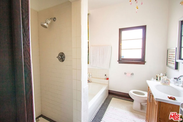 full bathroom with tile patterned flooring, vanity, toilet, and plus walk in shower