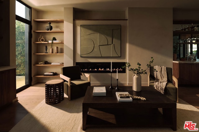 living room featuring built in shelves and light wood-type flooring