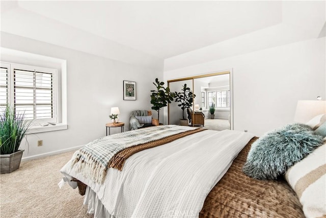 bedroom featuring carpet floors, a closet, and baseboards