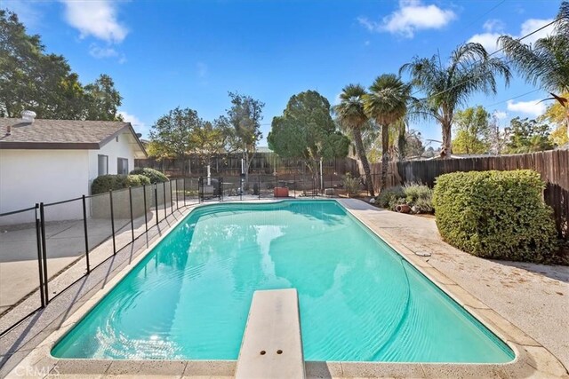 view of swimming pool with a diving board