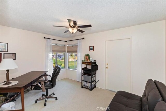 carpeted office with ceiling fan and a textured ceiling