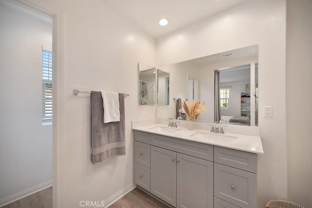 bathroom with vanity and wood-type flooring