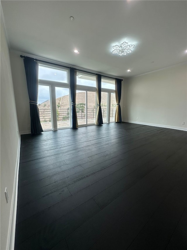 unfurnished room featuring expansive windows and dark hardwood / wood-style flooring