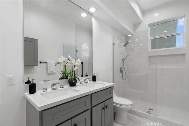 bathroom with toilet, vanity, and a shower with shower door