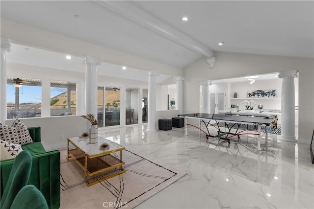 rec room featuring lofted ceiling with beams and ornate columns