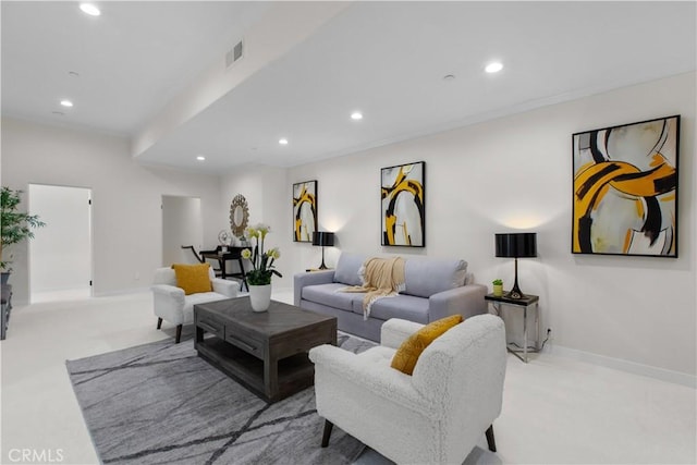 living room featuring light colored carpet