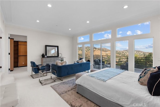 carpeted bedroom featuring a mountain view