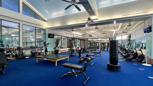 gym with ceiling fan and lofted ceiling