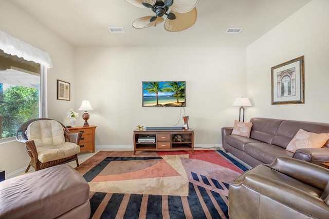 living room featuring ceiling fan